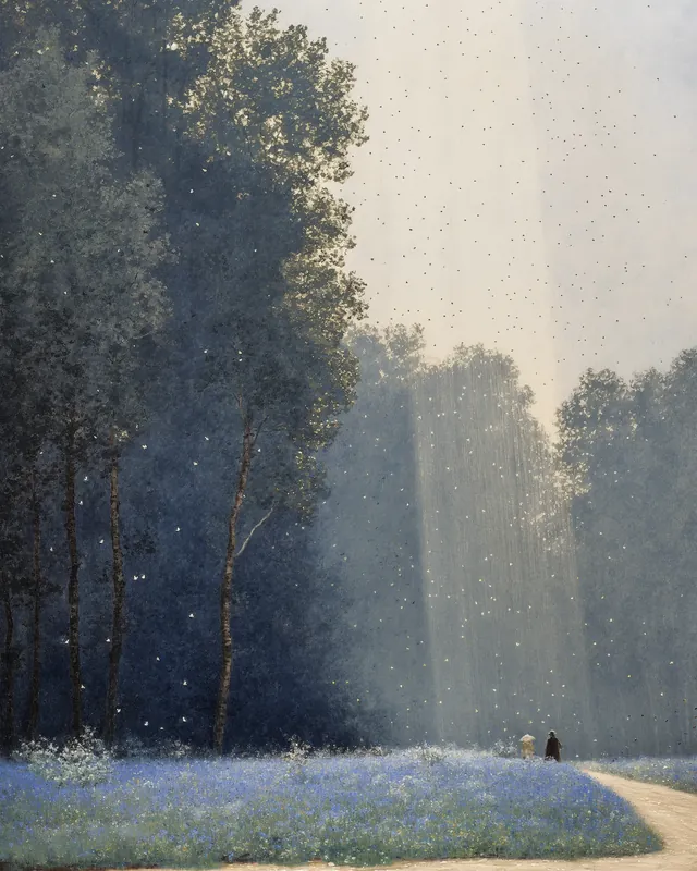 Soulsteps: Figures crossing a blue meadow into a misty, light-filled forest. A painting by Max Hudson, made with AI.