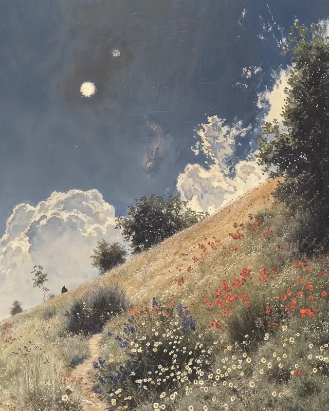 White lights overhead: A hillside of wildflowers under a blue sky with a pale sun. A painting by Max Hudson, made with AI.
