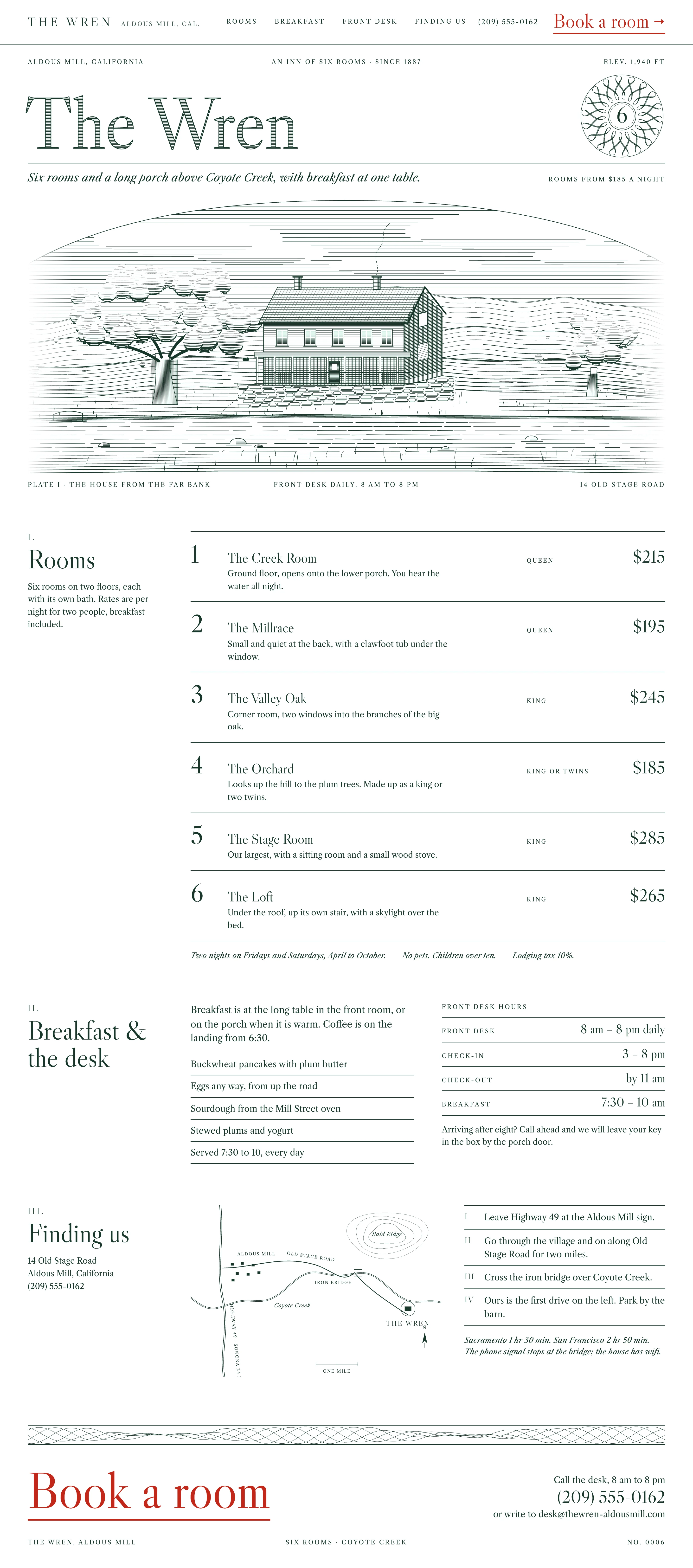 An invented inn’s website, drawn as a steel engraving, on a computer